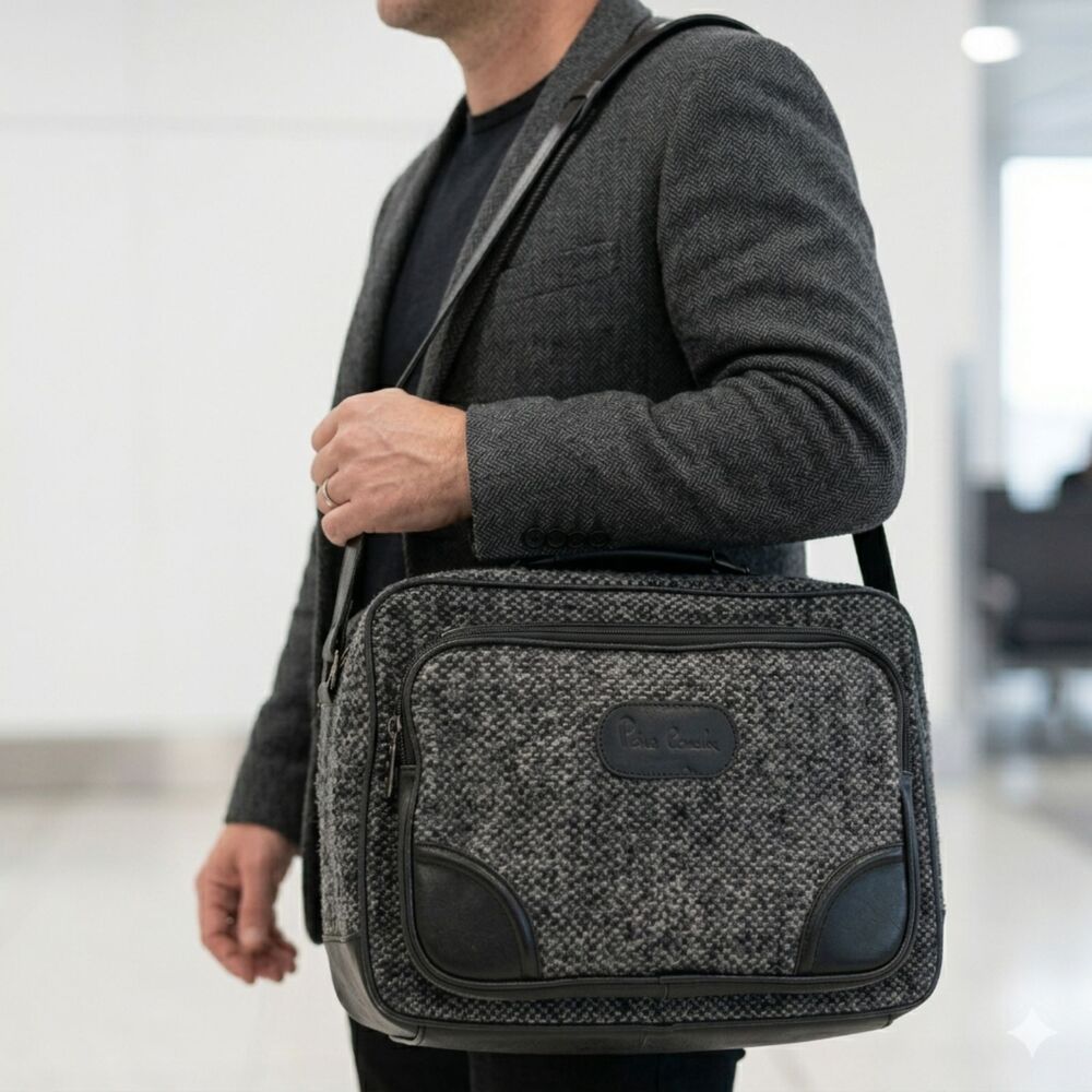 Pierre Cardin Carry On Shoulder Overnight Bag Black Gray Tweed Strap Vintage